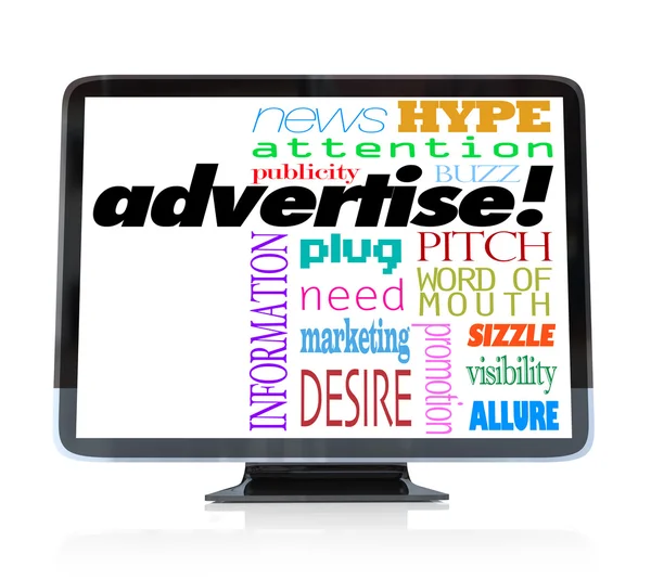Werbung für Marketing-Wörter im hdtv-Fernsehen — Stockfoto
