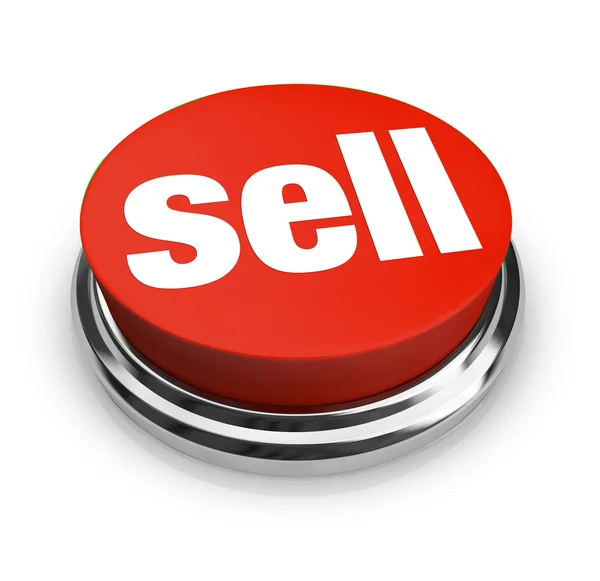 Venda palavra no botão redondo vermelho Vendedor oferece mercadoria para venda — Fotografia de Stock