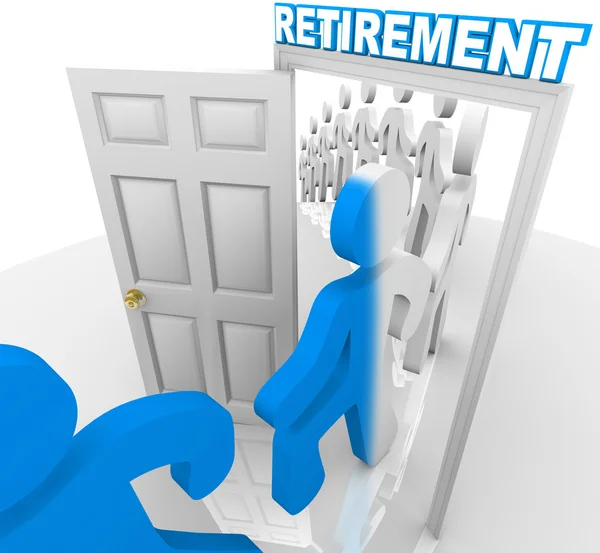 Krokowe przechodzenie przez drzwi emerytury do przejścia na emeryturę — Zdjęcie stockowe