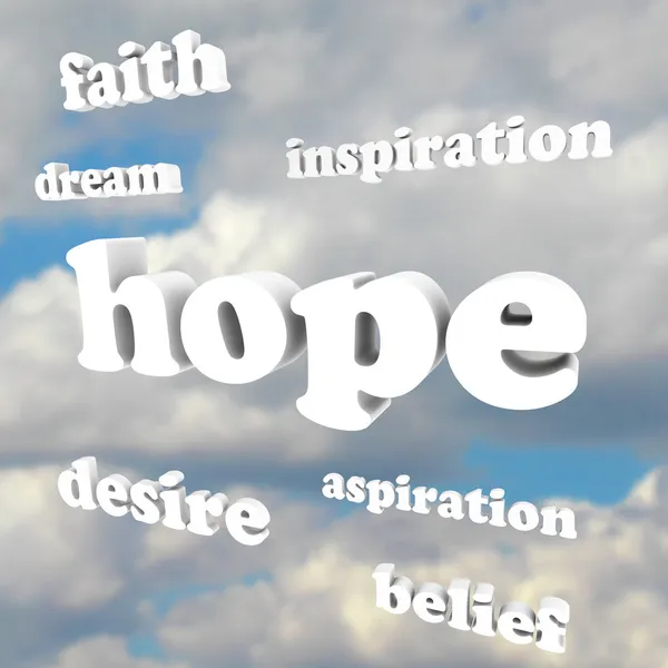 Esperança palavras no céu fé crença inspirar aspirações — Fotografia de Stock