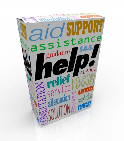 Допомога Допомога Слова на коробці продуктів Підтримка клієнтів — стокове фото