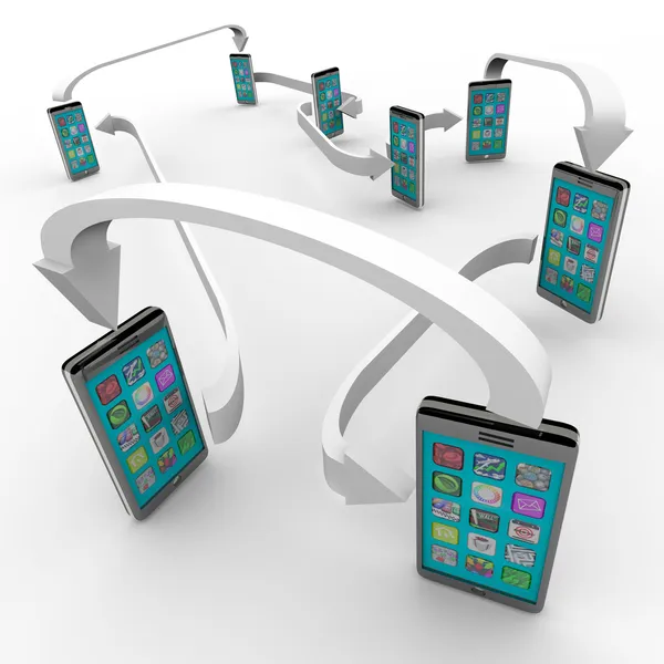 Connected Smart Phones Cell Phone Communication Links — Stock Photo, Image