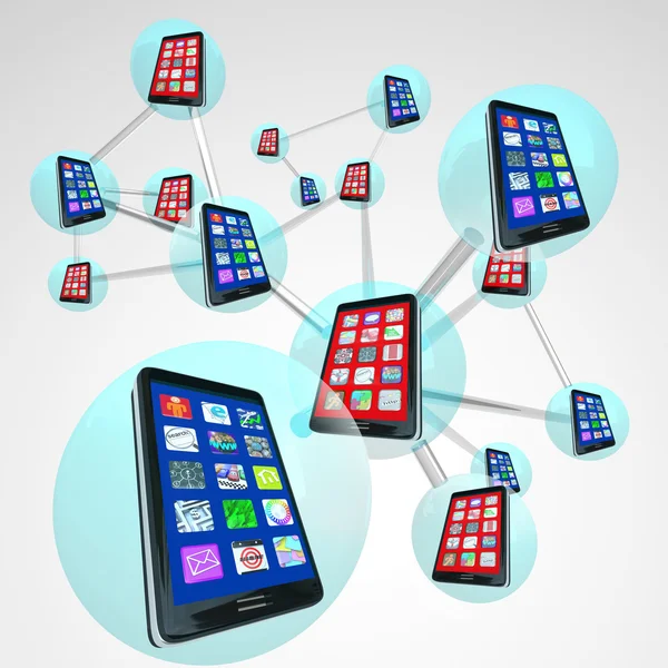 Telefoni intelligenti nelle sfere di rete collegate alla comunicazione — Foto Stock
