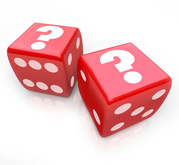 Question Marks on Two Red Dice Uncertain Fate — Stock Photo, Image