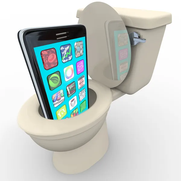 Téléphone intelligent dans les toilettes Ancien modèle frustré Obsolète — Photo