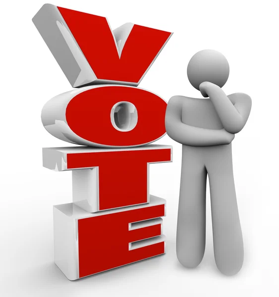 Ψηφοφορία σκεπτόμενο άτομο βρίσκεται δίπλα την λέξη που εξετάζει τις επιλογές — Φωτογραφία Αρχείου