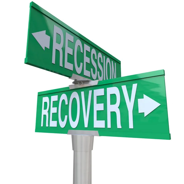 Recession Recovery Street Signs Economy Growth — Stock Photo, Image