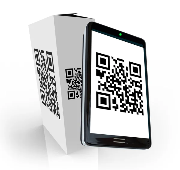 Escaneo del teléfono inteligente Código QR en la caja del producto para obtener información — Foto de Stock