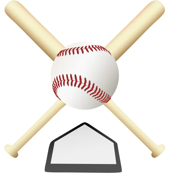 Béisbol emblema cruzado murciélagos sobre el plato principal — Vector de stock
