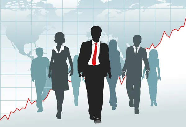 Global business team walk from chart world map — Stock Vector