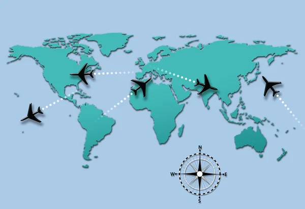Пути полета самолета авиакомпании на карте мира — стоковое фото