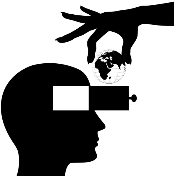 Monde de la main dans la tête masculine tiroir esprit ouvert — Image vectorielle