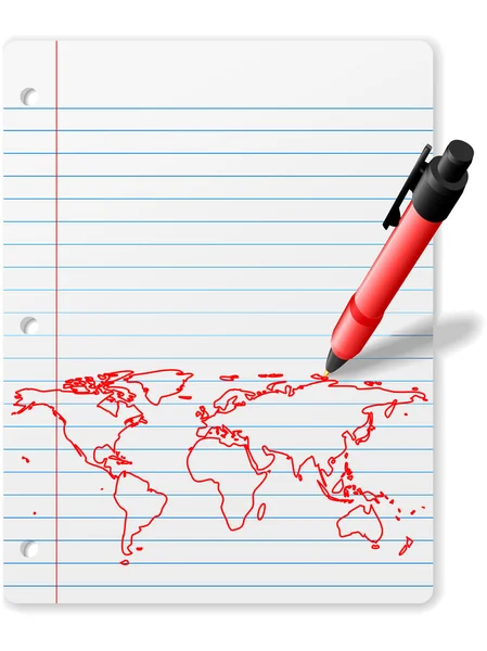 Рисунок пера Карта мира на ноутбуке Бумага красные чернила — стоковый вектор