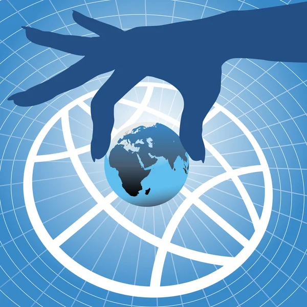 Hand holding Earth over globe symbol background — Stock Vector