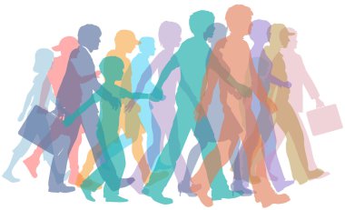 Colorful crowd of silhouettes walk clipart