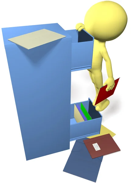 Data man find files in 3D office filing cabinet — Stock Photo, Image