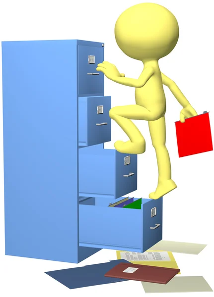 Office worker files folder in 3D filing cabinet — Stock Photo, Image