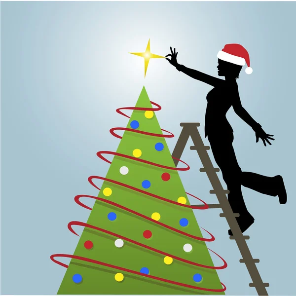 Silhouette Frau schmückt Weihnachtsbaum — Stockvektor