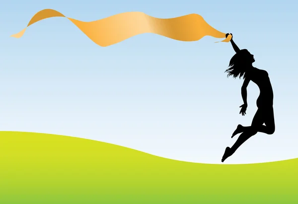 Mulher correr salto segurar bandeira céu terra — Vetor de Stock
