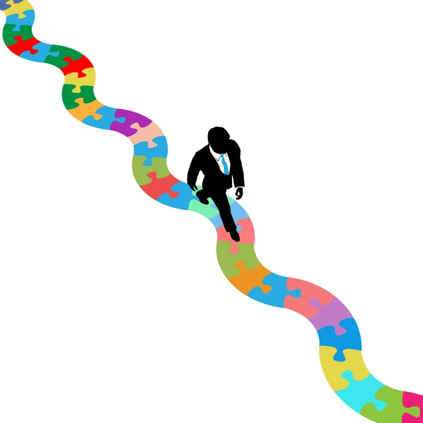 Business person walks on puzzling path to solution — Stock Vector