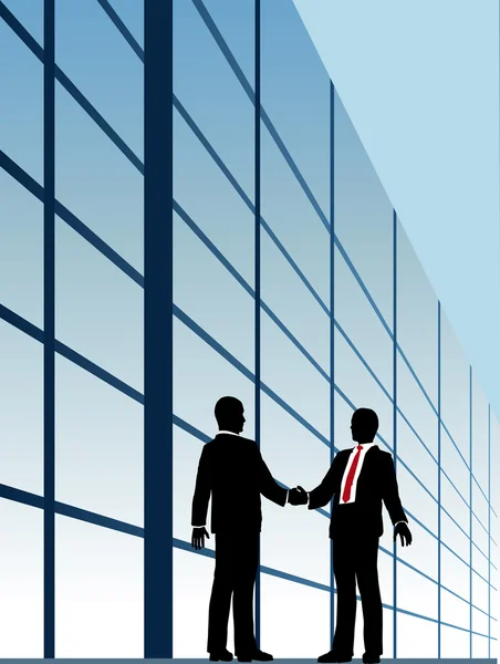 Relation d'affaires poignée de main bâtiment fenêtre — Image vectorielle
