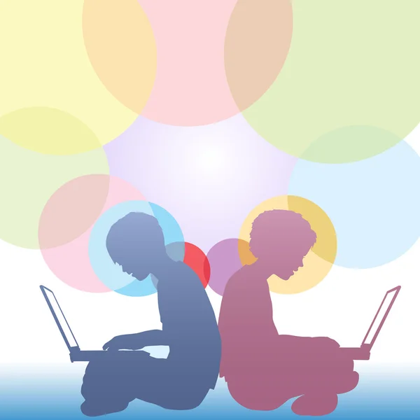 Menina e menino usam laptops em círculos abstratos fundo —  Vetores de Stock
