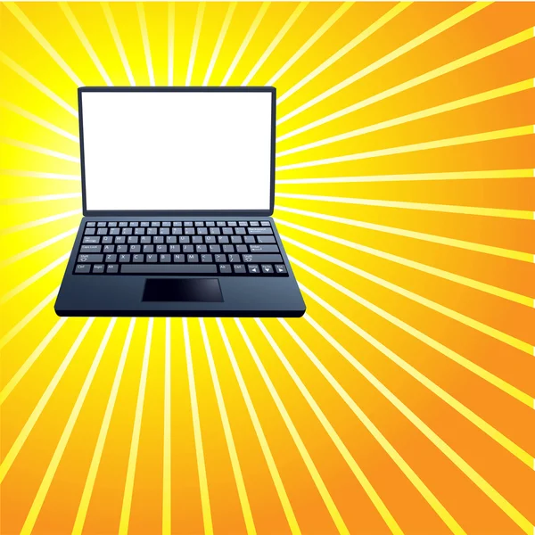 Laptop Computer on Bright Shiny Yellow Rays Background — Stock Vector