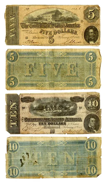 Vecchi confederati cinque e dieci banconote da un dollaro — Foto Stock