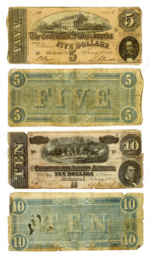 Old Confederate Five and Ten Dollar Bills