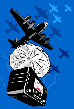 World war two bomber dropping vintage radio on parachute clipart