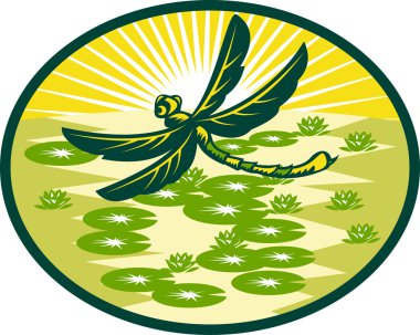 Dragonfly flying with lily pads and sunburst clipart