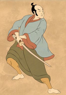 Samurai warrior with katana sword fighting stance clipart