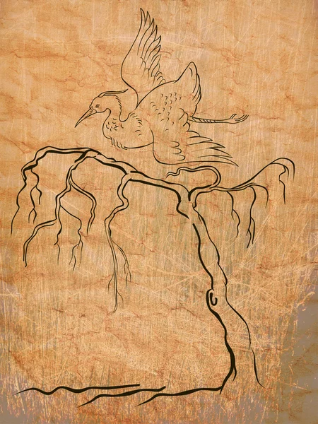Іронний журавель літає з деревом — стокове фото