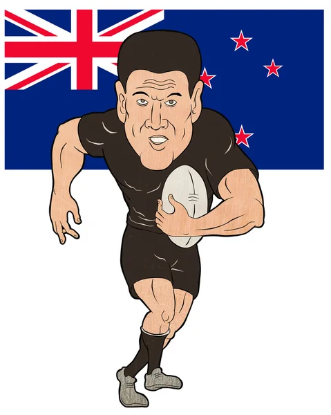 Rögbi játékos futás a labda Új-Zéland zászló — Stock Fotó