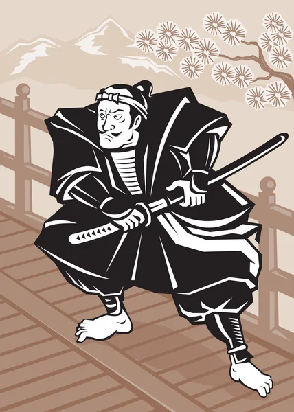 Japonês Samurai guerreiro espada na ponte — Fotografia de Stock