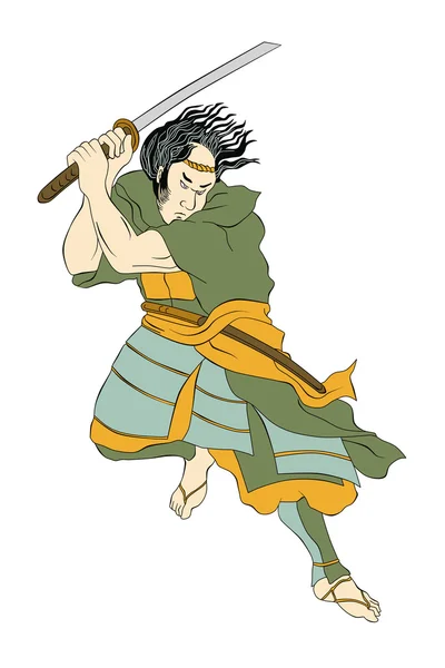 Samuraj wojownik z mieczem katana walki postawy — Zdjęcie stockowe