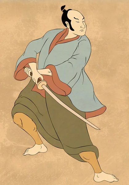 Katana Kılıç dövüşü duruşu ile samuray savaşçı — Stok fotoğraf