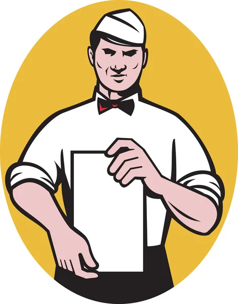 Waiter holding a blank menu paper — Stock Photo, Image