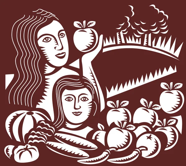 Vrouw en kind houdt van apple fruit groente — Stockfoto
