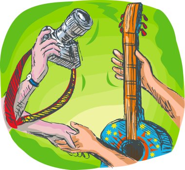 Barter swapping hands with camera and guitar clipart