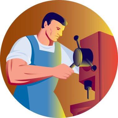 Trade factory worker working with drill press clipart