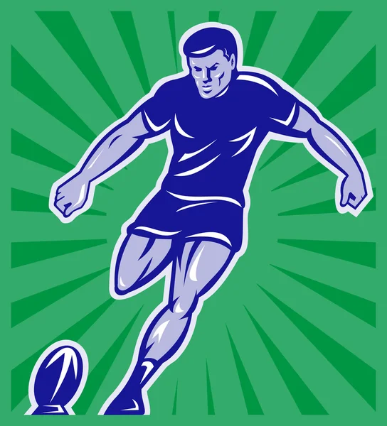 Jugador de rugby con pelota pateando pelota — Foto de Stock