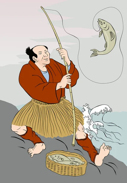 Japanese fisherman fishing catching trout fish — Stock Photo, Image