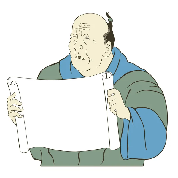 Asyalı Japon yaşlı adam boş kağıt kaydırma holding — Stok fotoğraf