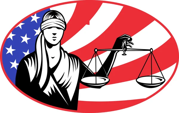 Senhora venda escalas de justiça bandeira americana — Fotografia de Stock