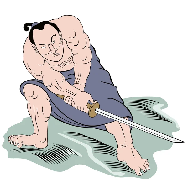 Самурайский воин с боевой стойкой катаны — стоковое фото
