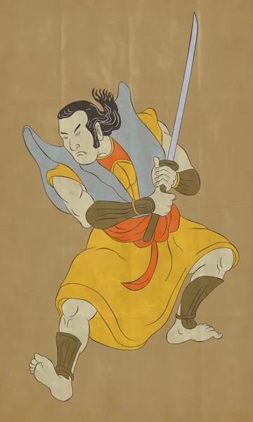 Самурайский воин с боевой стойкой катаны — стоковое фото