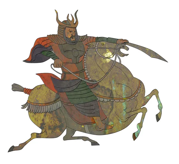 Samurai warrior with sword riding horse — Stock Photo, Image