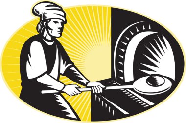 Medieval baker baking bread pan oven retro clipart