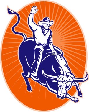 Rodeo cowboy riding jumping longhorn bull clipart